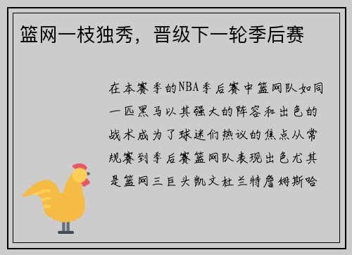 篮网一枝独秀，晋级下一轮季后赛